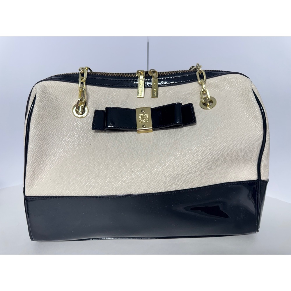 Anne Klein Satchel Bowler Bag Ivory Black Patent Bow Gold Zip Shoulder Purse
